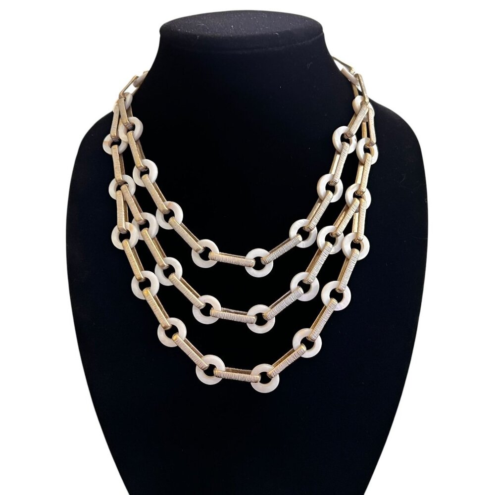 Chico's Mother of Pearl Multi-strand Gold Textured Link Statement Necklace